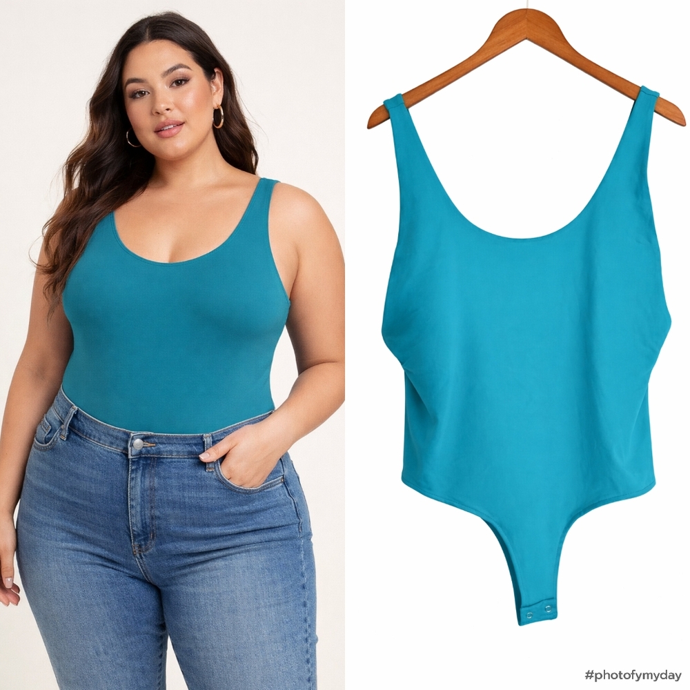 Reo Rio Women Teal Bodysuit 2XL Sleeveless Scoop Neck Stretch Snap Bottom Top.
